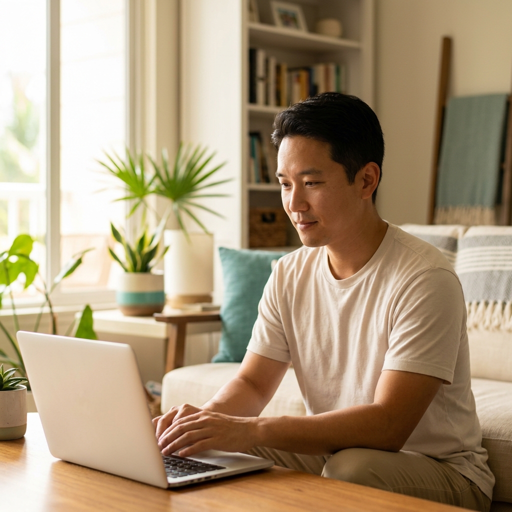 Man in a beige T‑shirt typing on a laptop at a wooden coffee table in a bright living room with plants and shelves behind him.